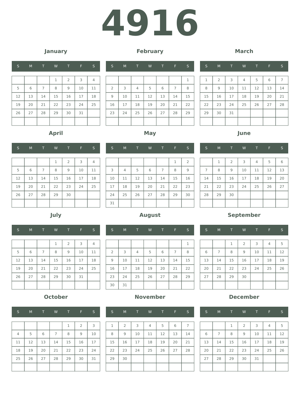 Printable 4916 Year Calendars feldgrau