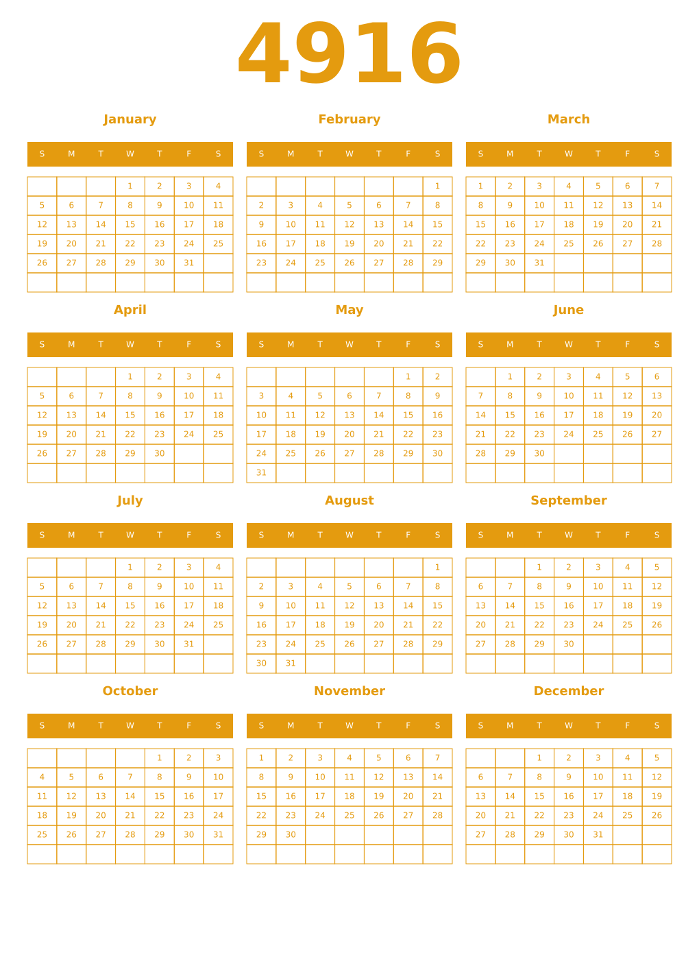 Printable 4916 Year Calendars gamboge