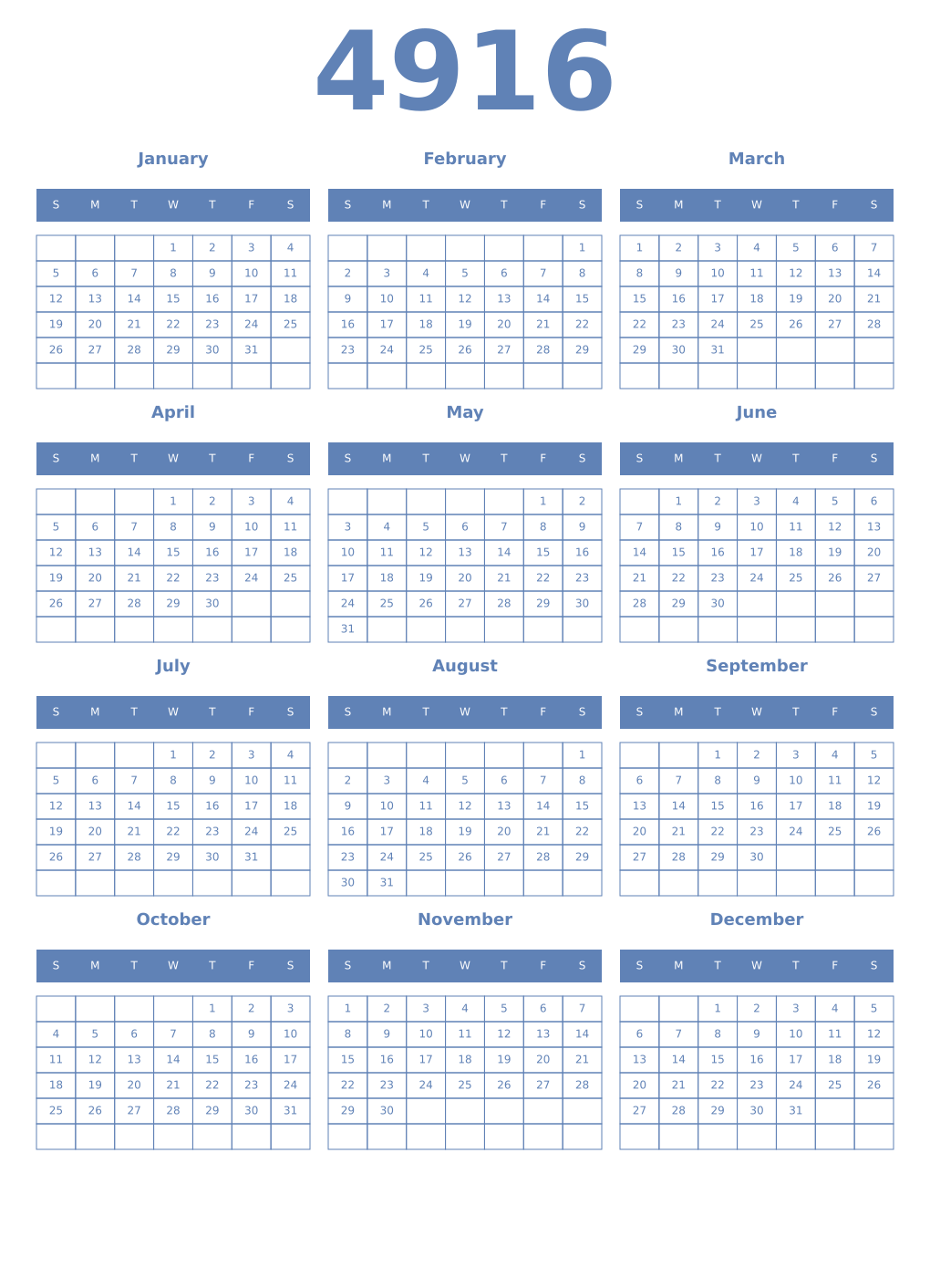 Printable 4916 Year Calendars glaucous