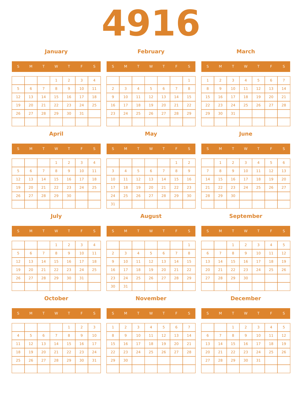 Printable 4916 Year Calendars orange