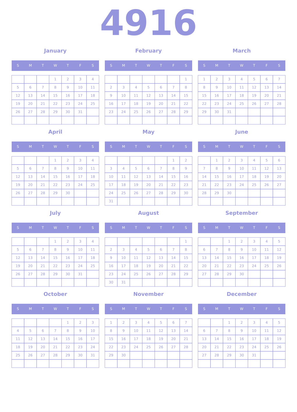 Printable 4916 Year Calendars periwinkle