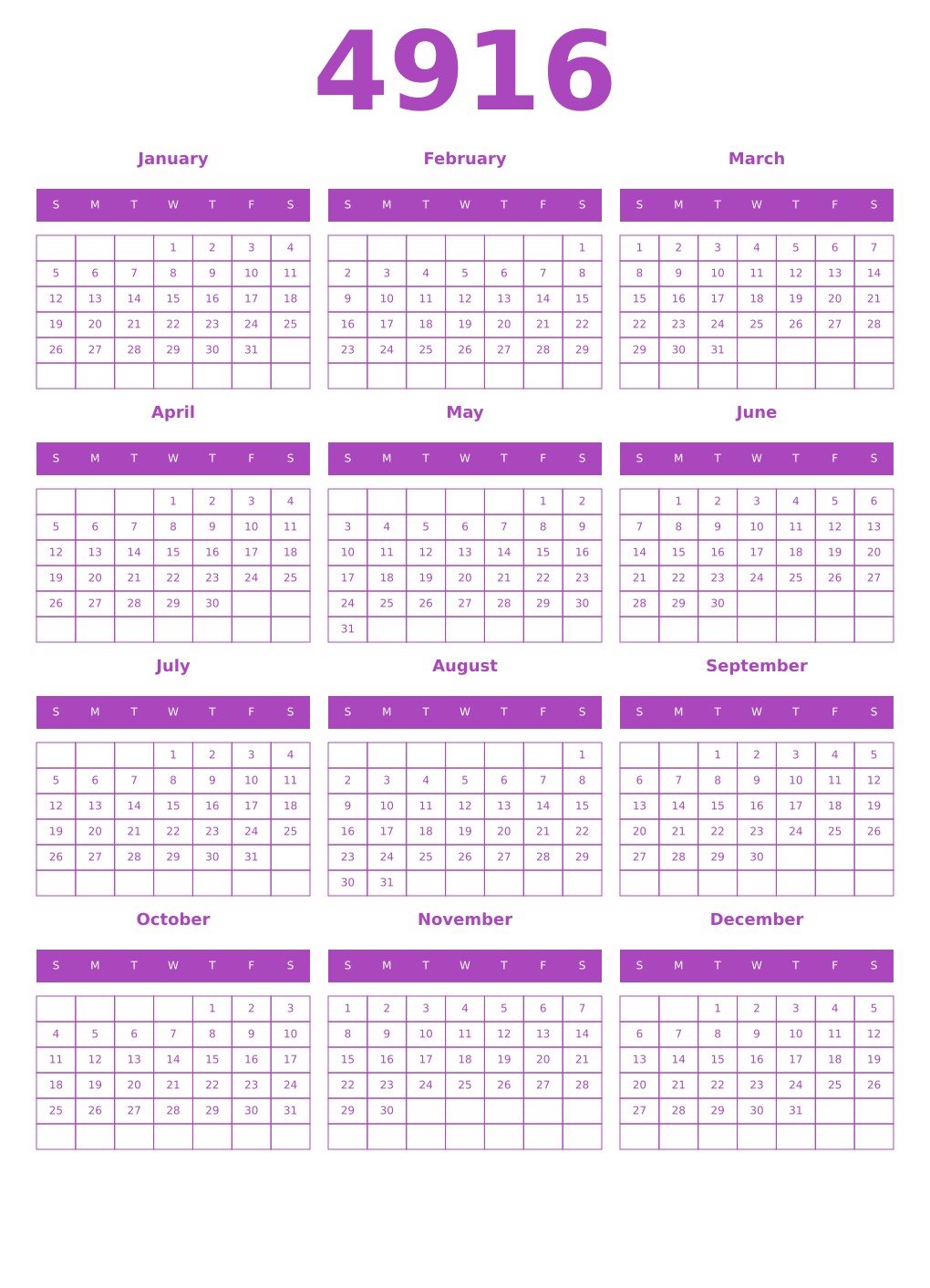 Printable 4916 Year Calendars purple