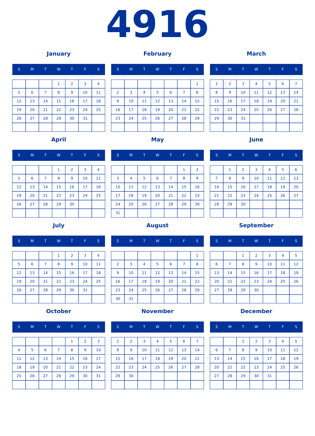 Printable 4916 Year Calendars smalt