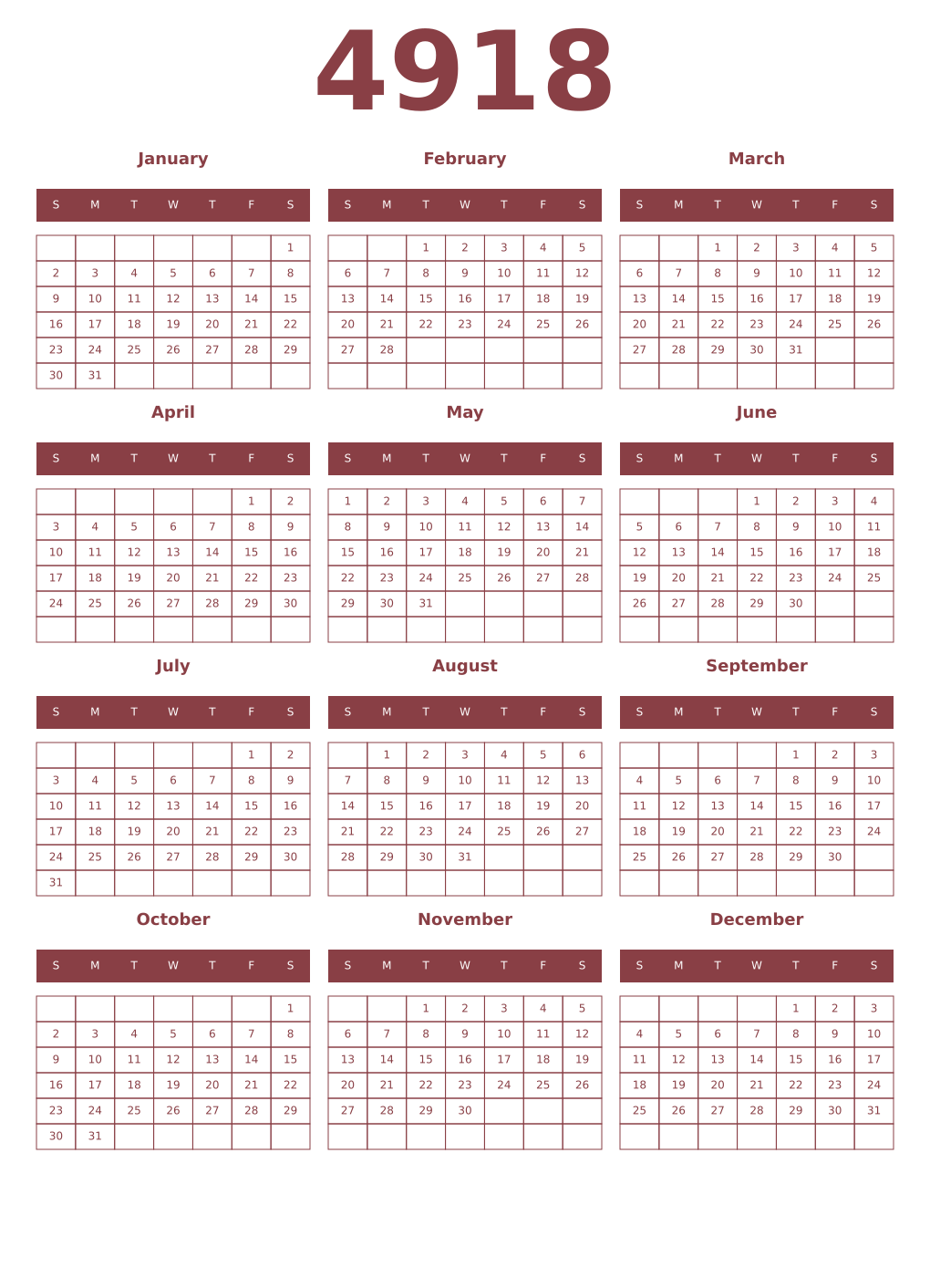 Printable 4918 Year Calendars cordovan