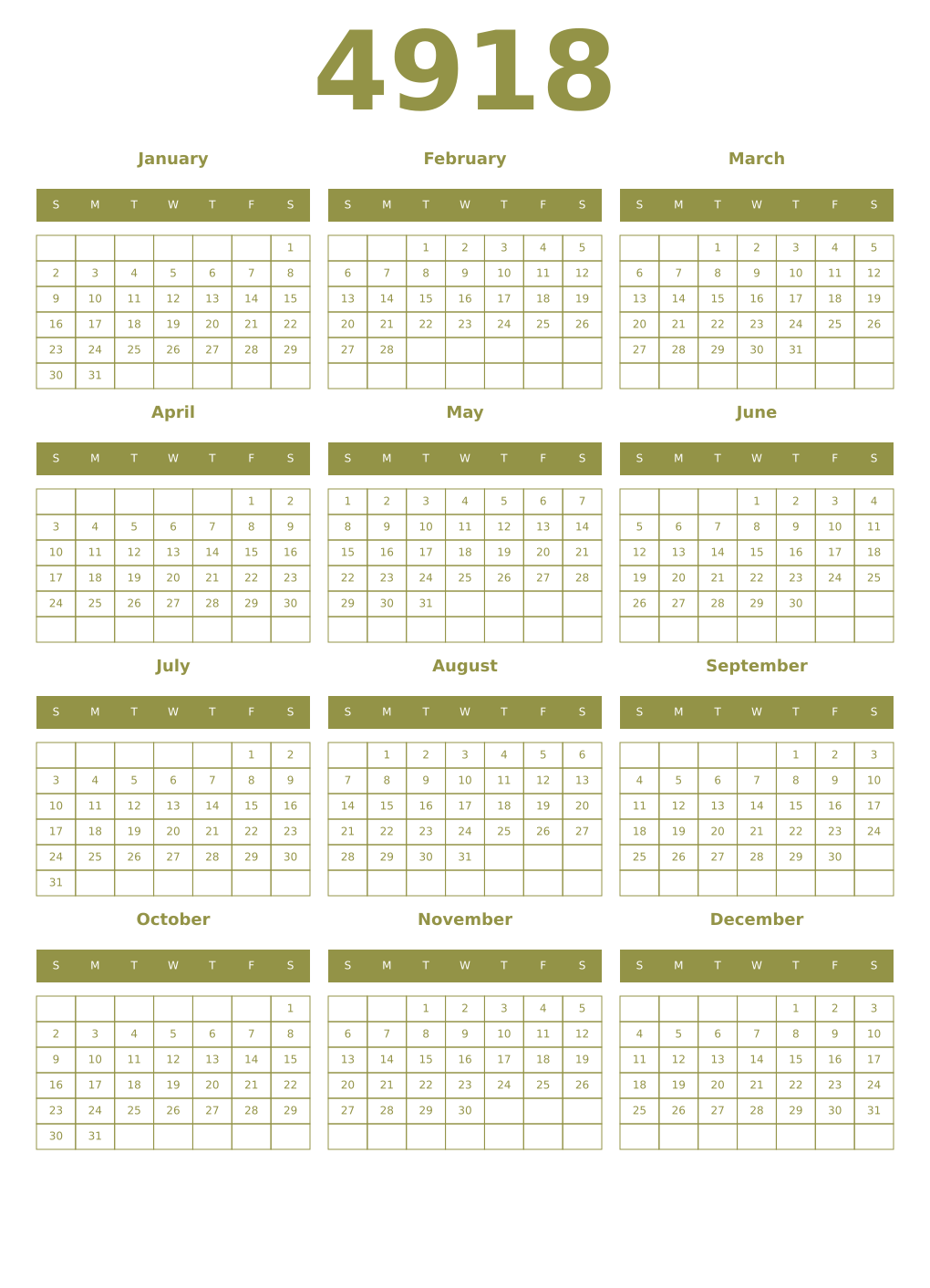 Printable 4918 Year Calendars eburnean