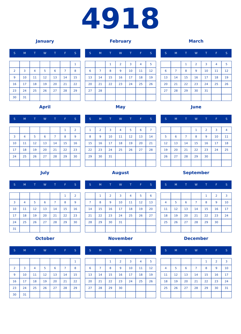 Printable 4918 Year Calendars smalt
