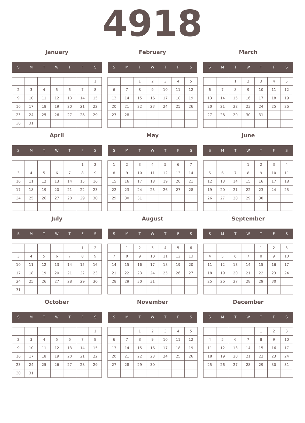 Printable 4918 Year Calendars wenge