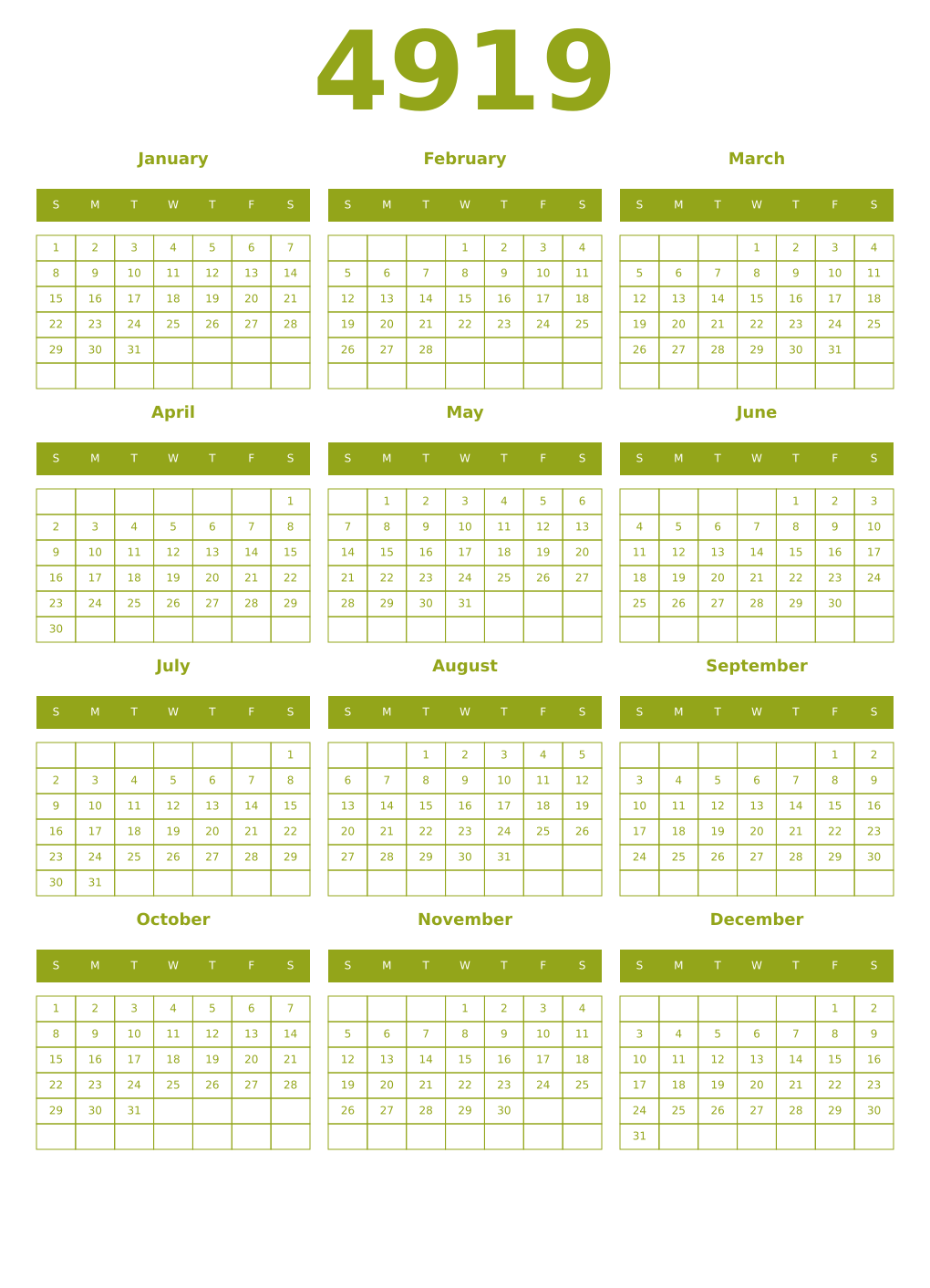 Printable 4919 Year Calendars chartreuse