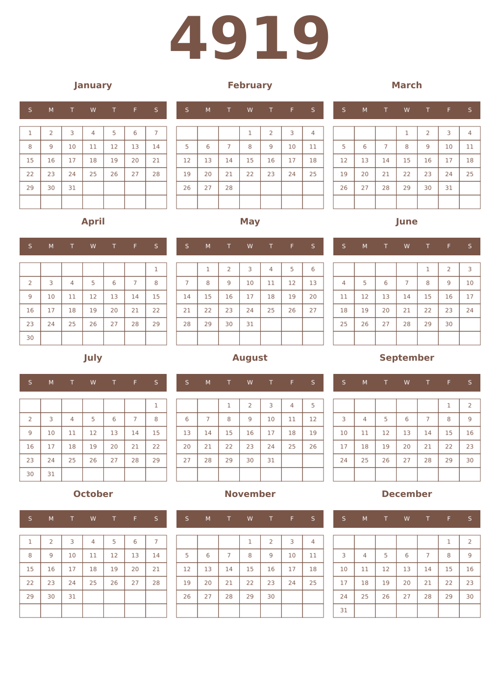 Printable 4919 Year Calendars coffe