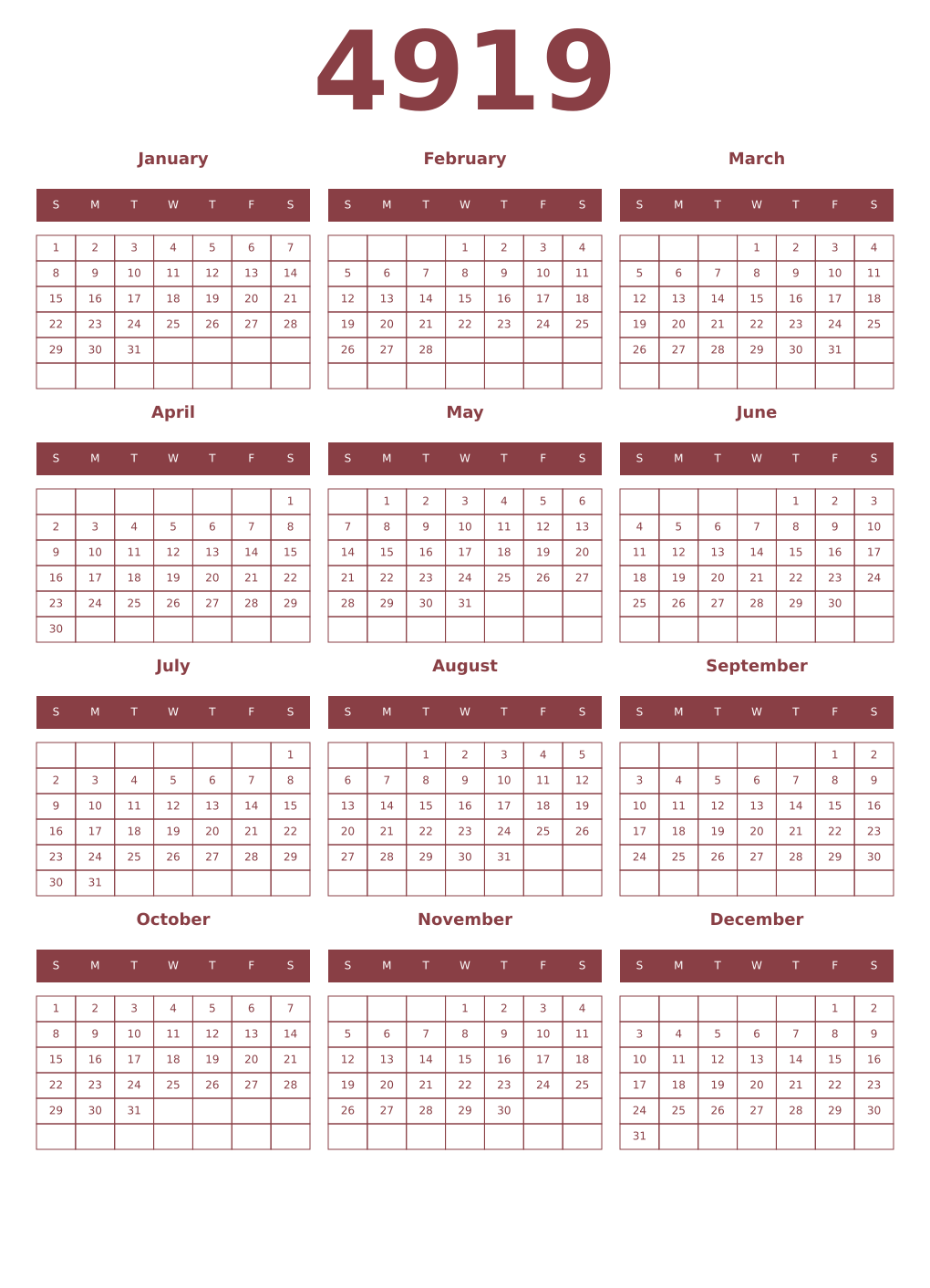 Printable 4919 Year Calendars cordovan