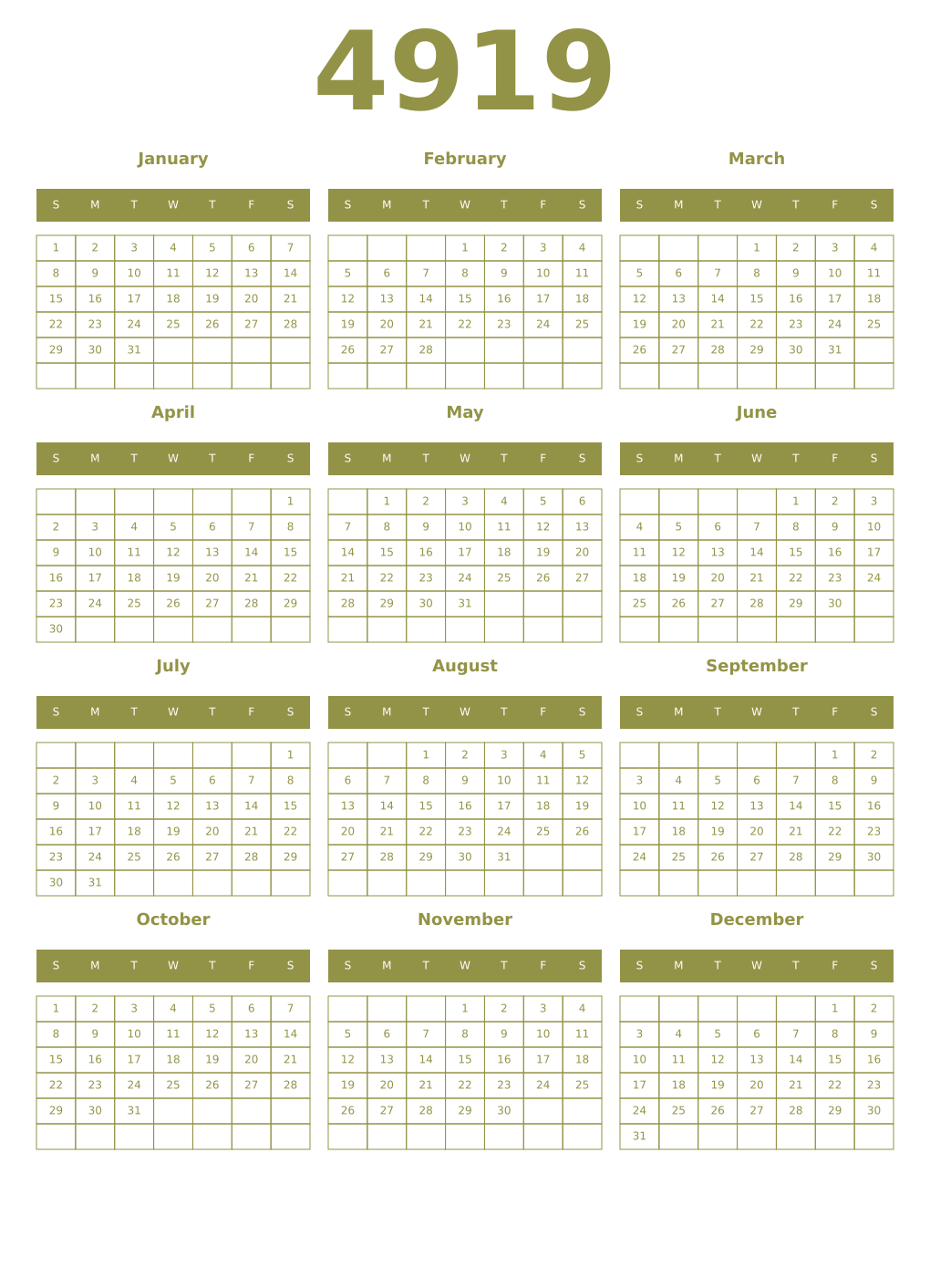 Printable 4919 Year Calendars eburnean