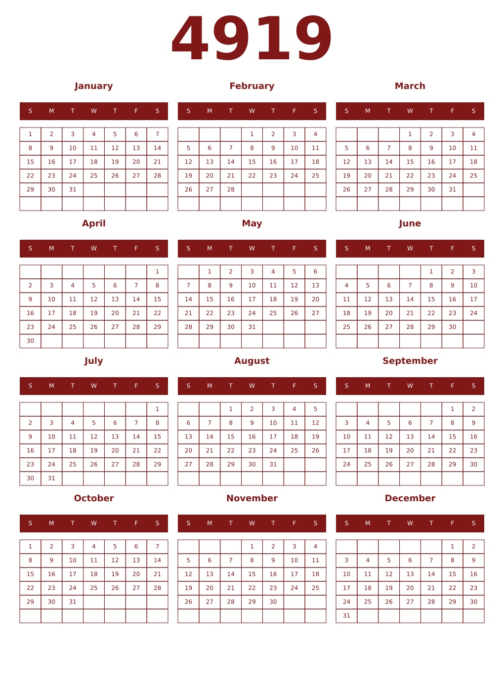 Printable 4919 Year Calendars falu