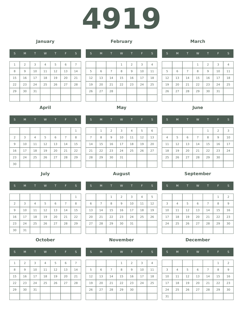 Printable 4919 Year Calendars feldgrau