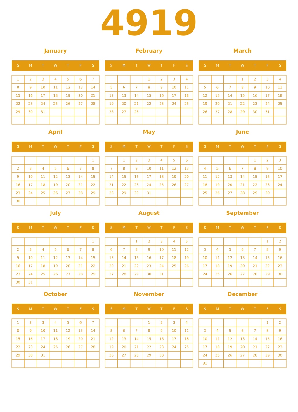 Printable 4919 Year Calendars gamboge
