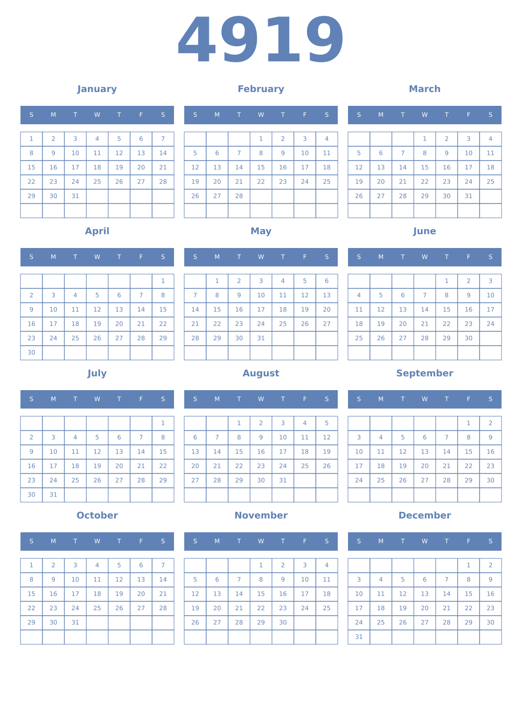 Printable 4919 Year Calendars glaucous