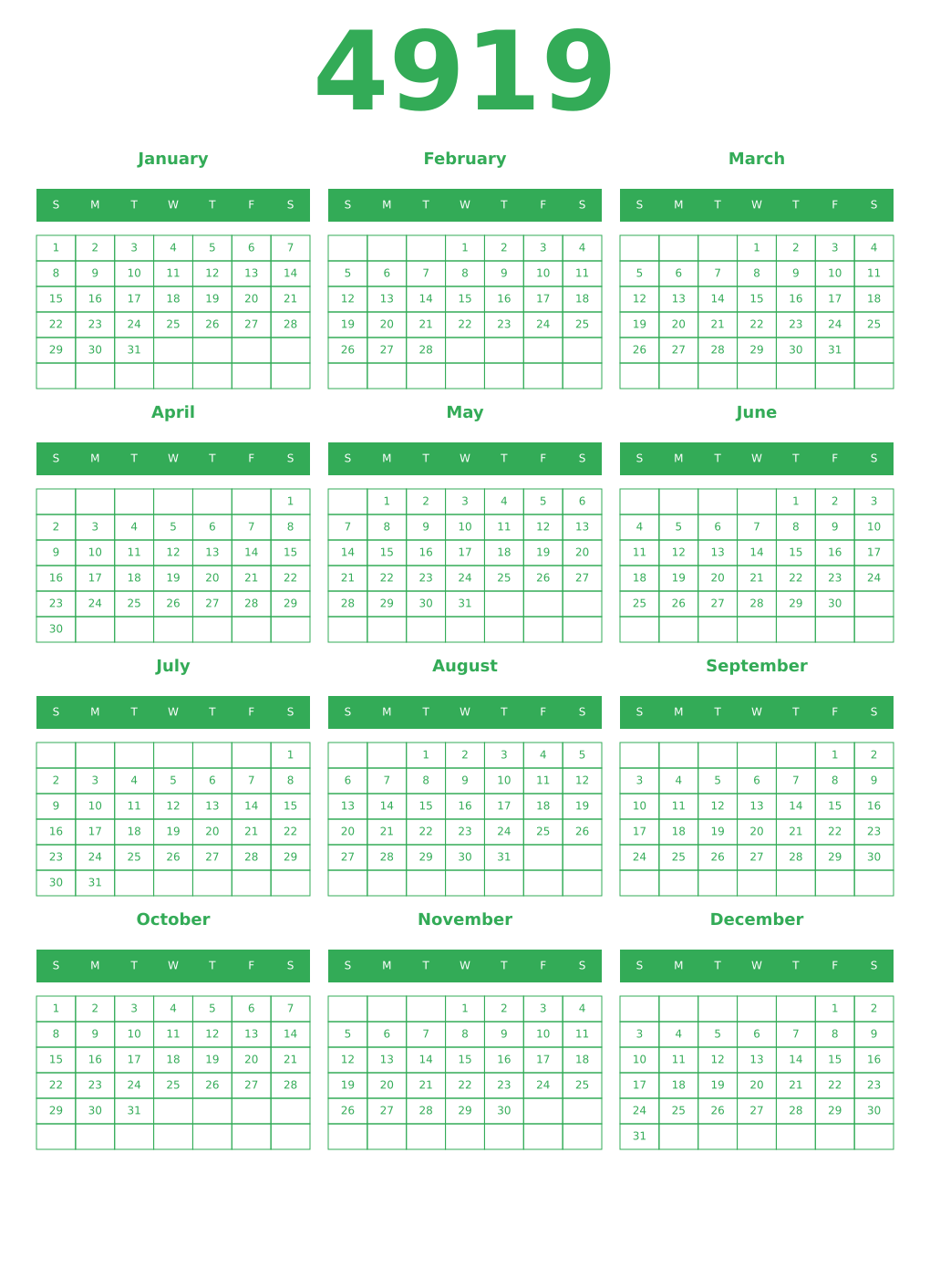 Printable 4919 Year Calendars green