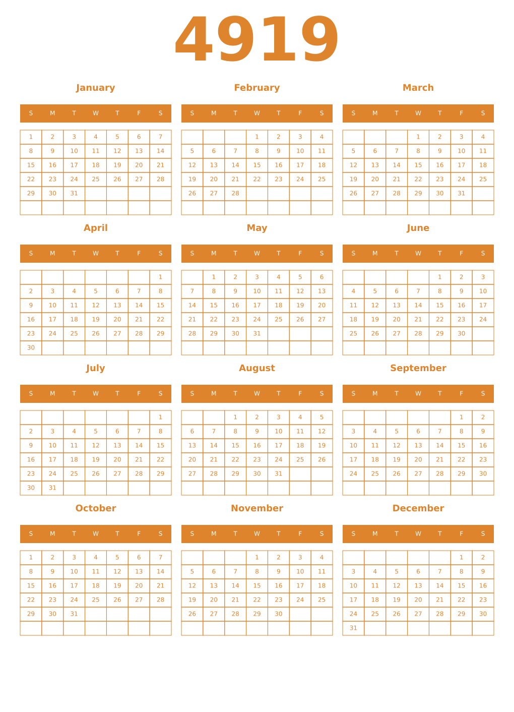 Printable 4919 Year Calendars orange
