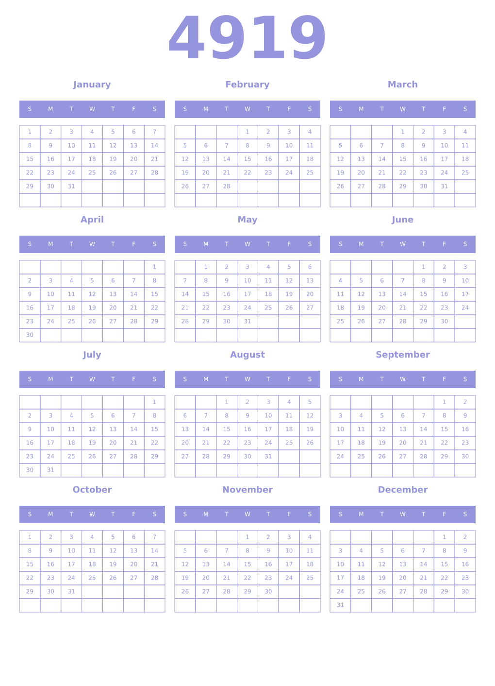 Printable 4919 Year Calendars periwinkle