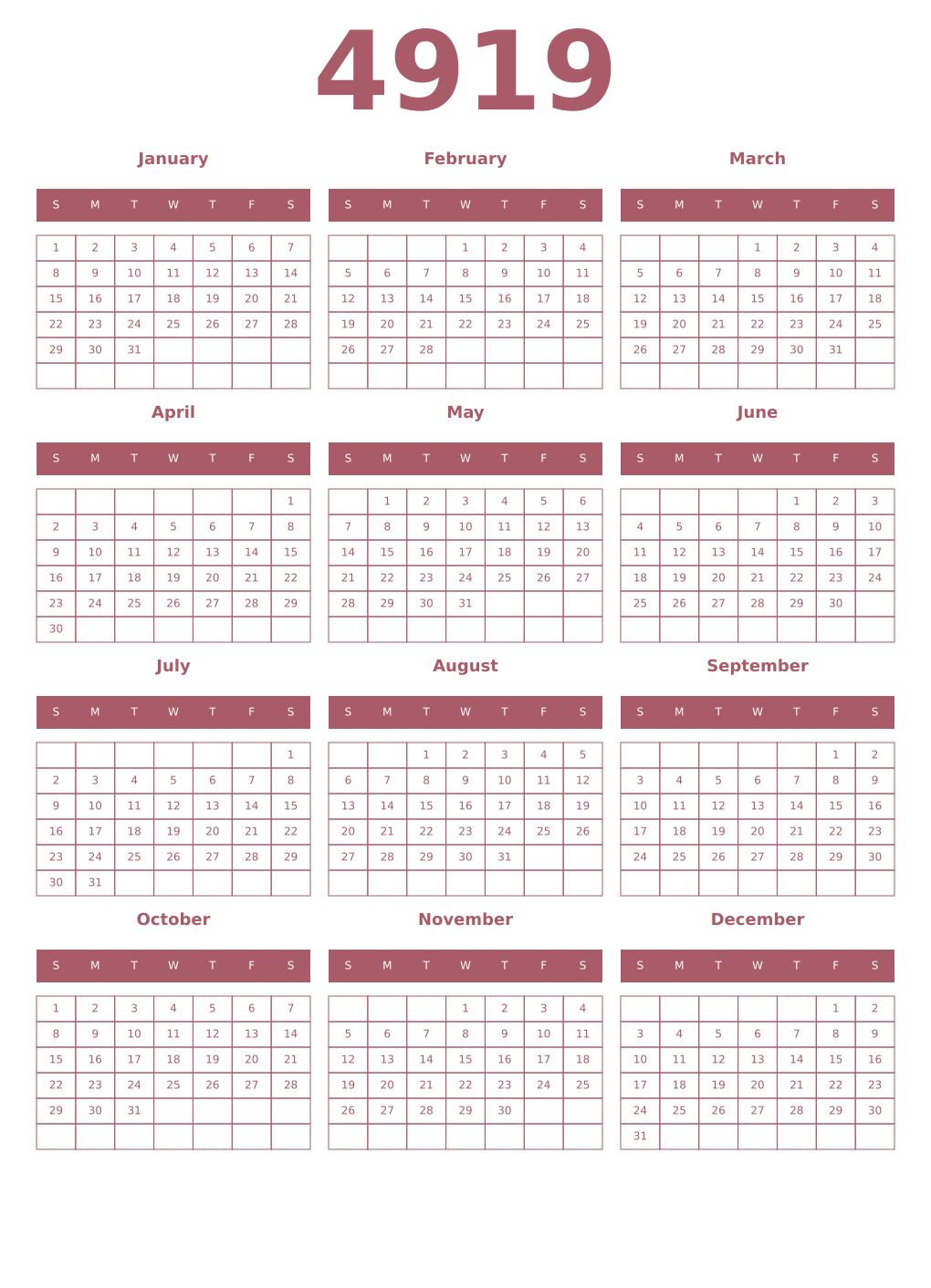 Printable 4919 Year Calendars puce