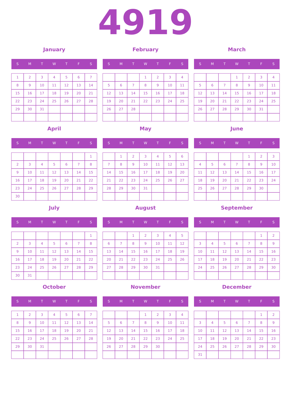 Printable 4919 Year Calendars purple