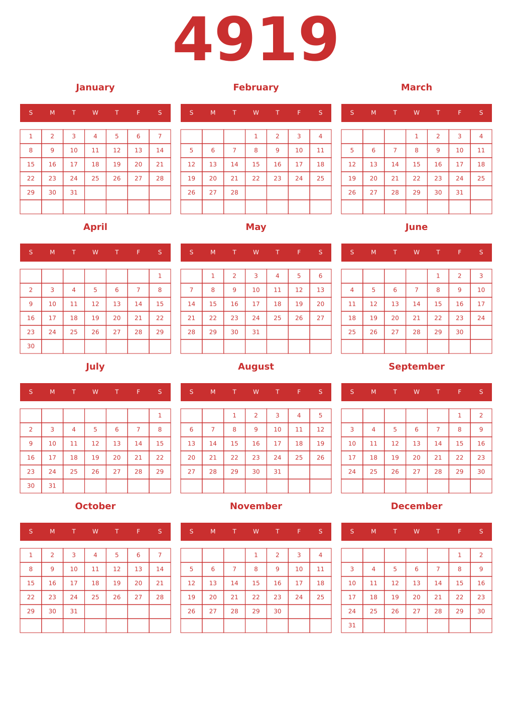 Printable 4919 Year Calendars red