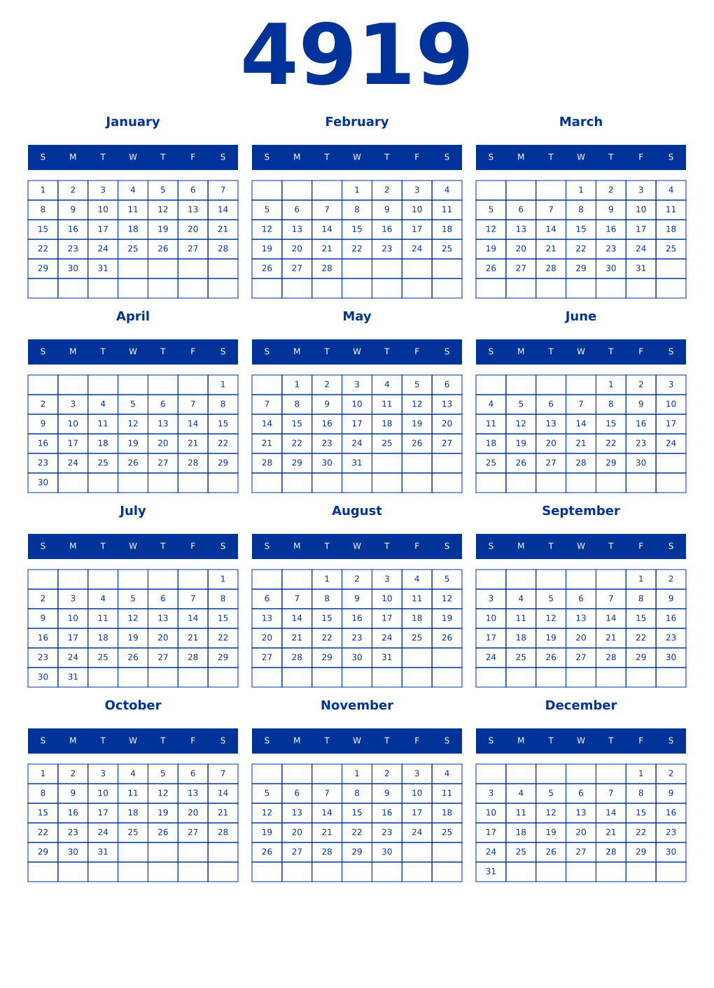 Printable 4919 Year Calendars smalt