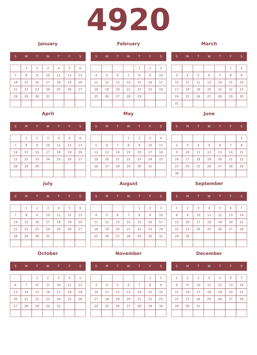 Printable 4920 Year Calendars cordovan