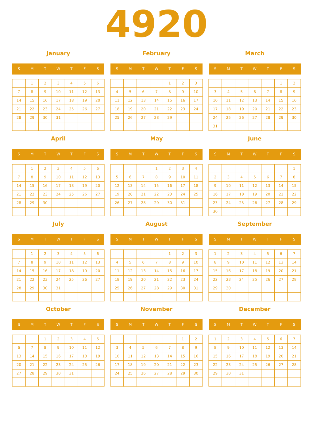 Printable 4920 Year Calendars gamboge