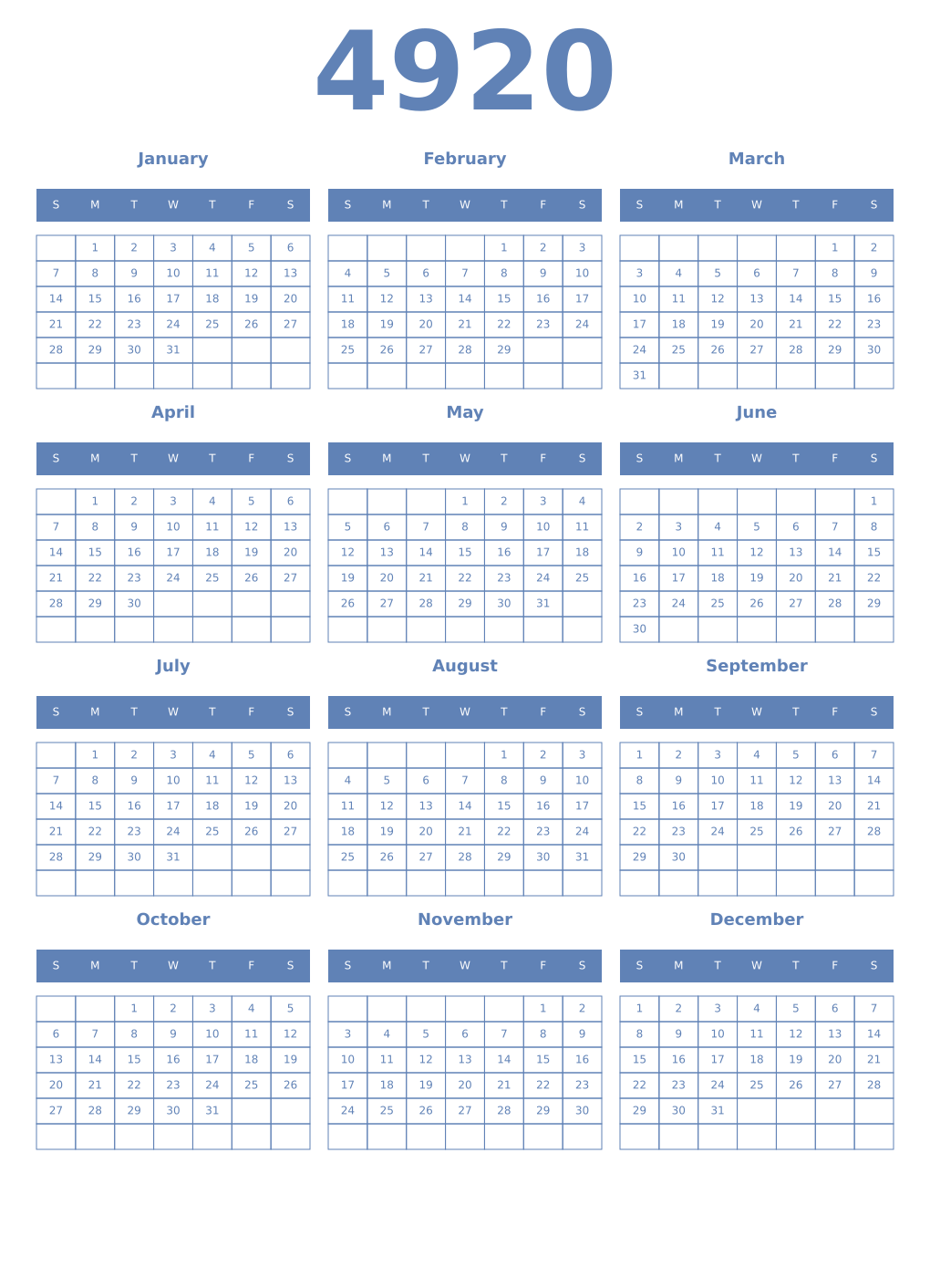 Printable 4920 Year Calendars glaucous
