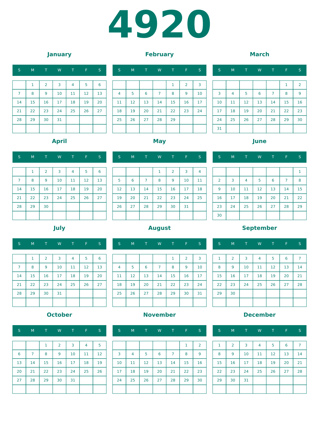 Printable 4920 Year Calendars pastel