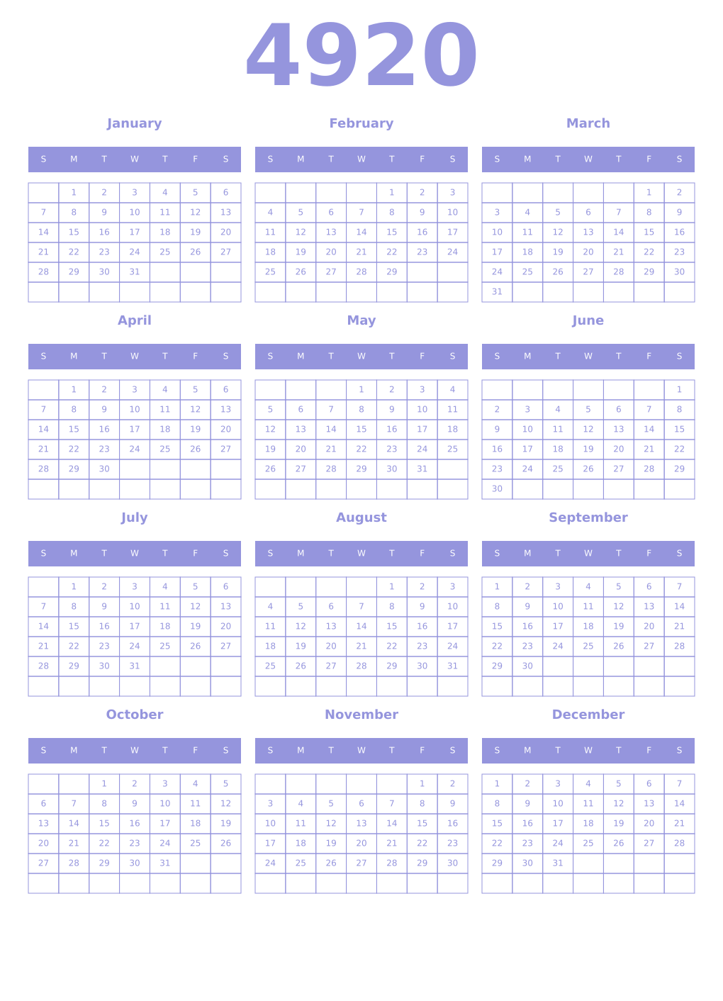 Printable 4920 Year Calendars periwinkle