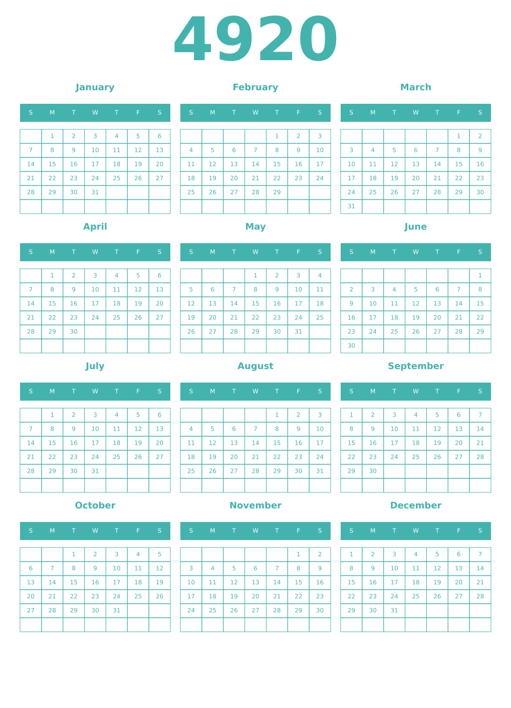 Printable 4920 Year Calendars verdigris