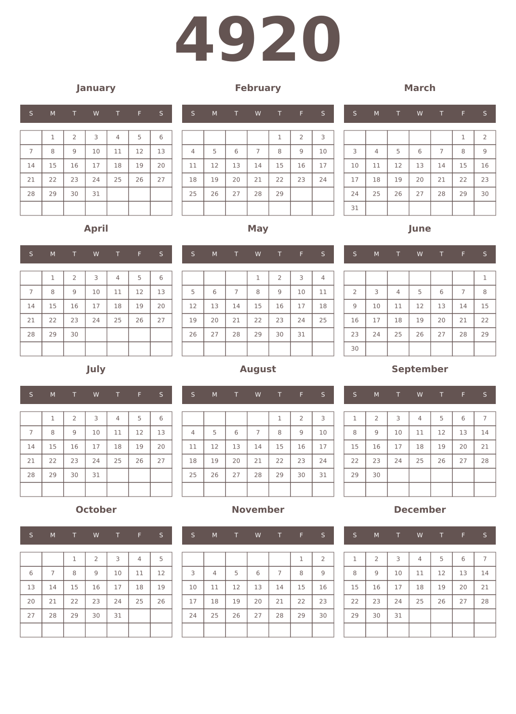 Printable 4920 Year Calendars wenge