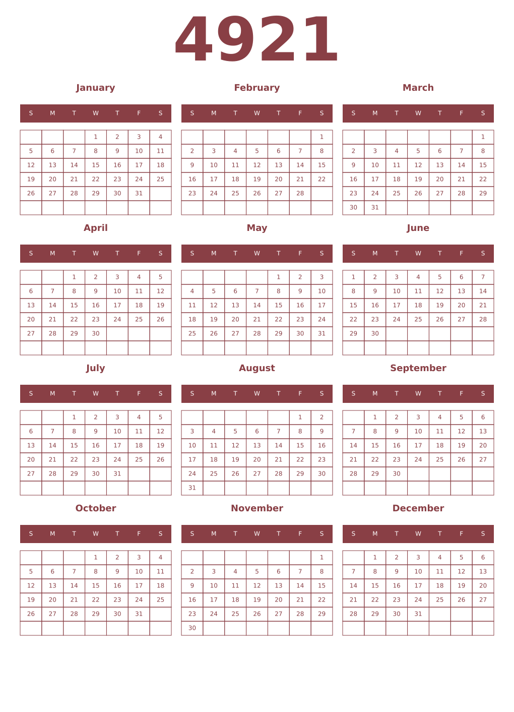 Printable 4921 Year Calendars cordovan