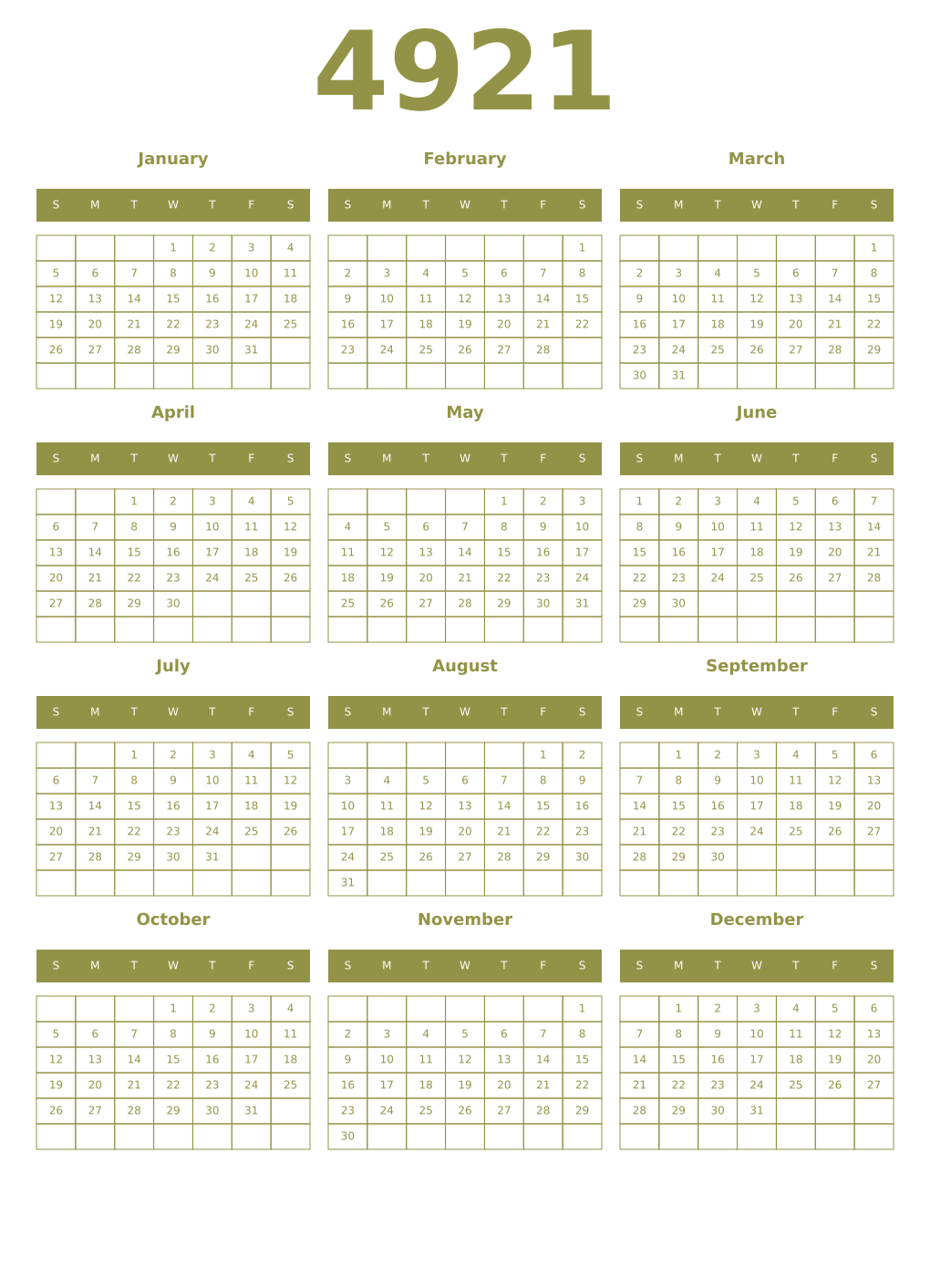Printable 4921 Year Calendars eburnean