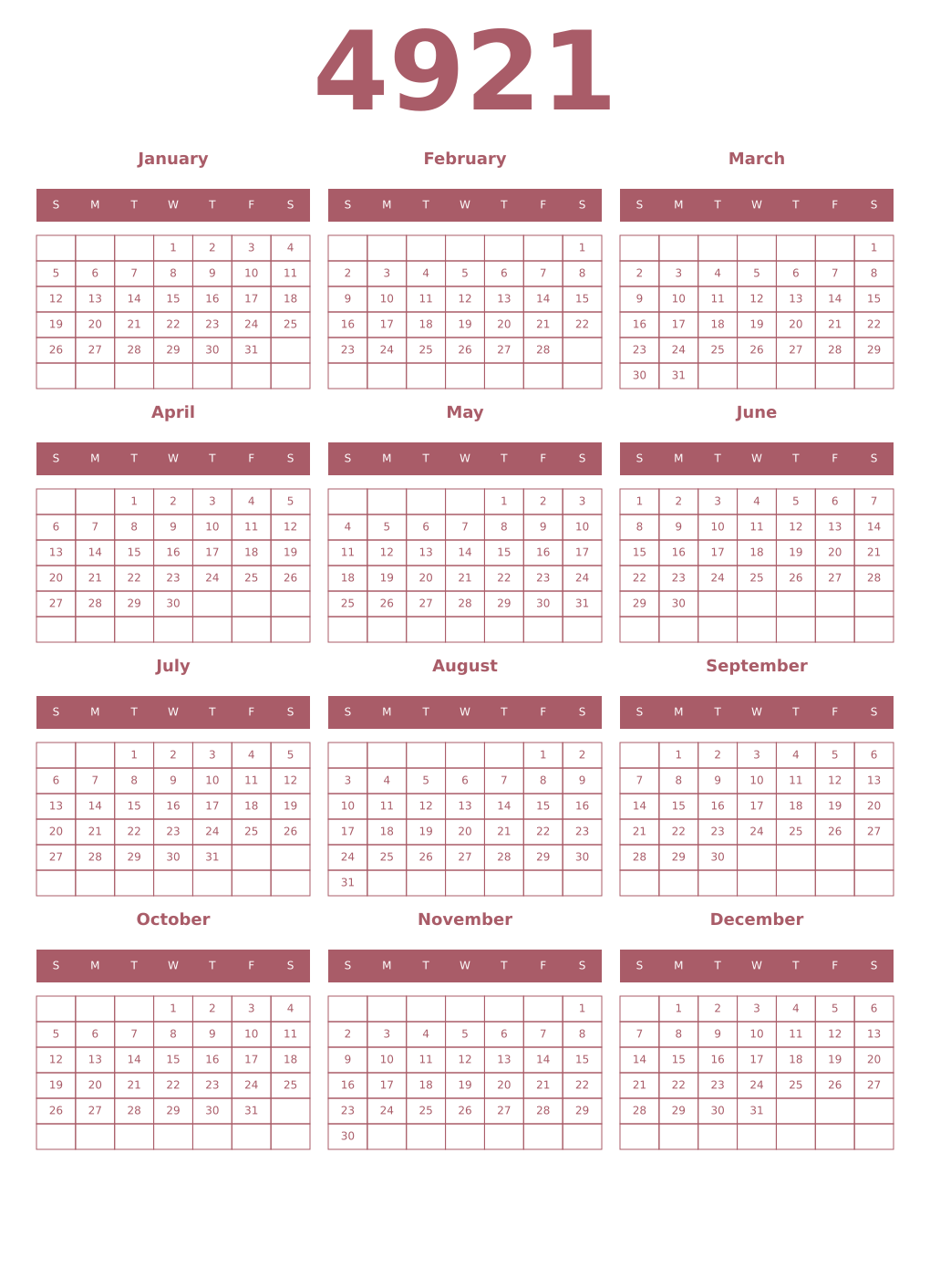 Printable 4921 Year Calendars puce