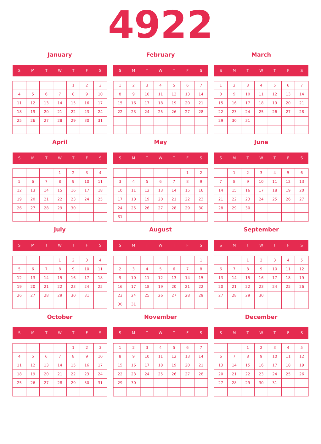 Printable 4922 Year Calendars amaranth