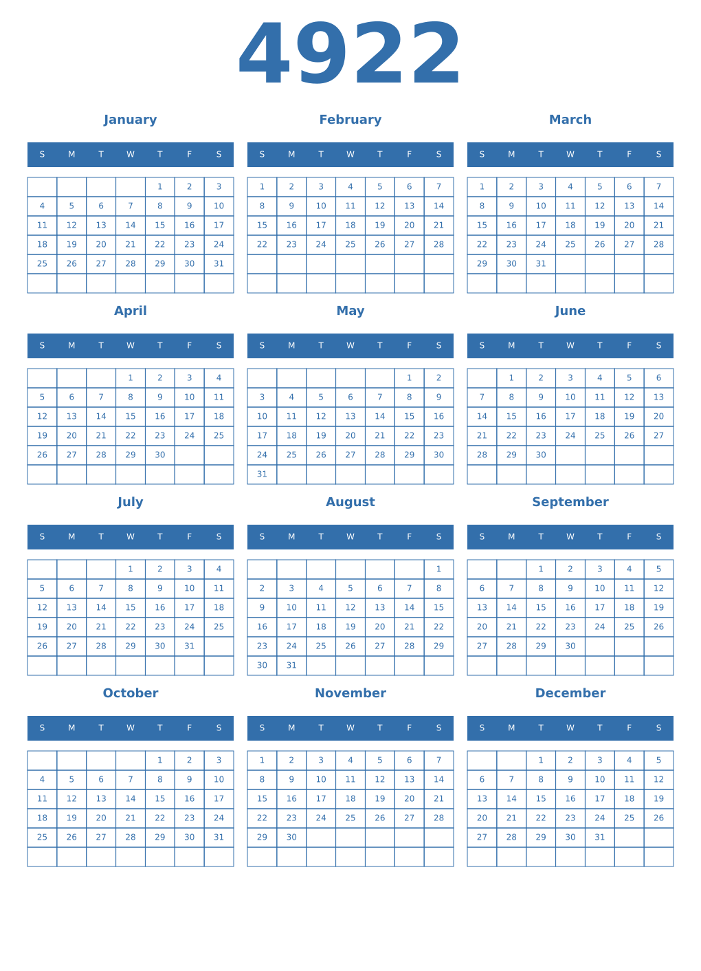 Printable 4922 Year Calendars blue