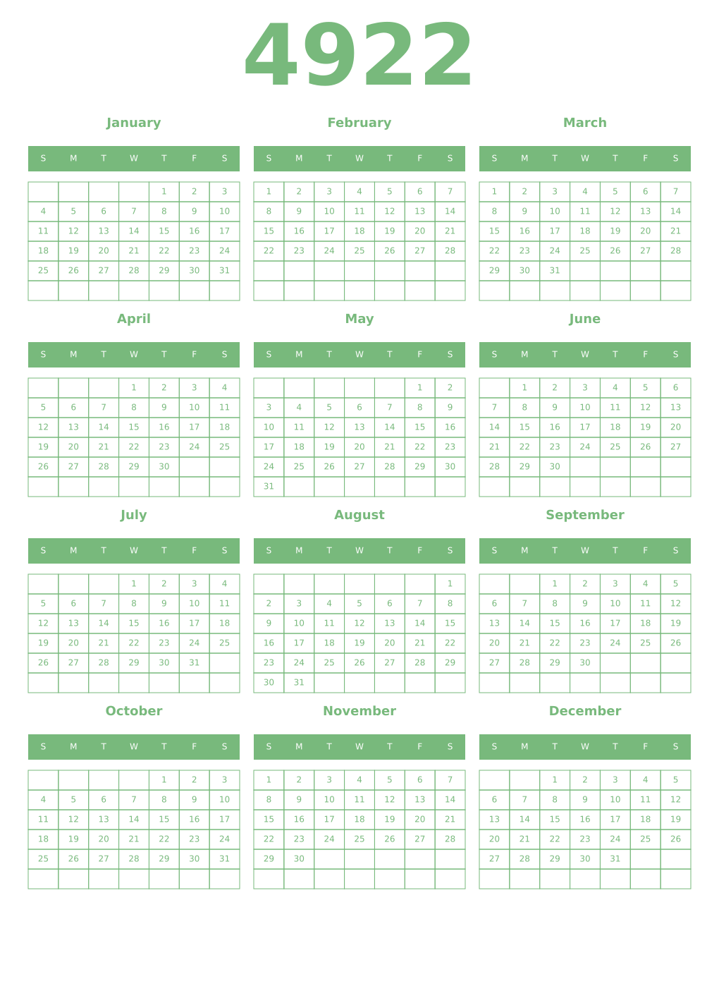 Printable 4922 Year Calendars celadon