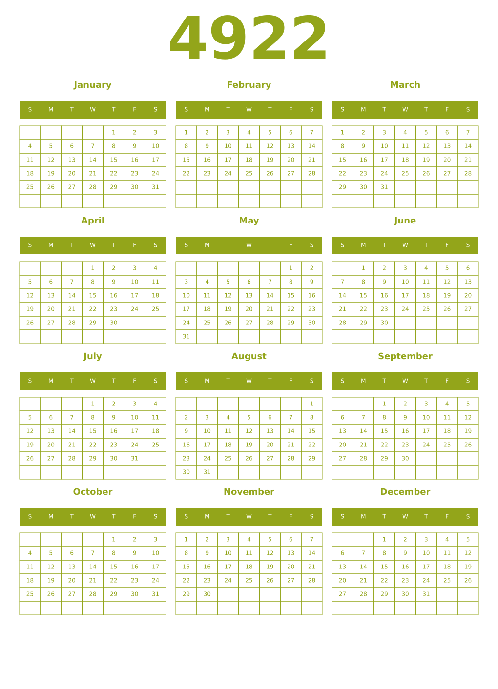 Printable 4922 Year Calendars chartreuse