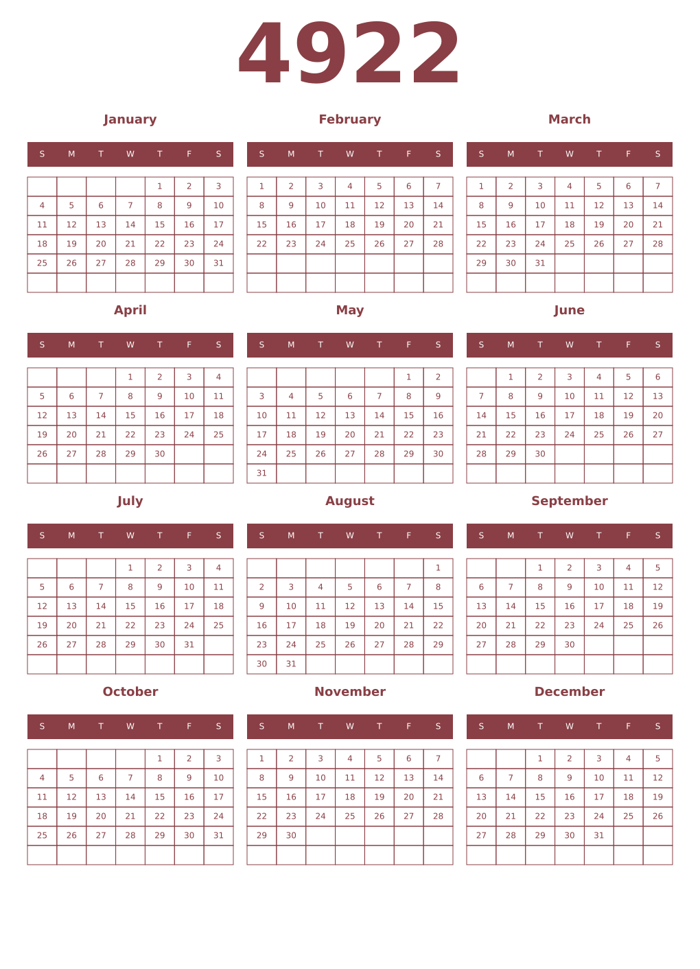 Printable 4922 Year Calendars cordovan