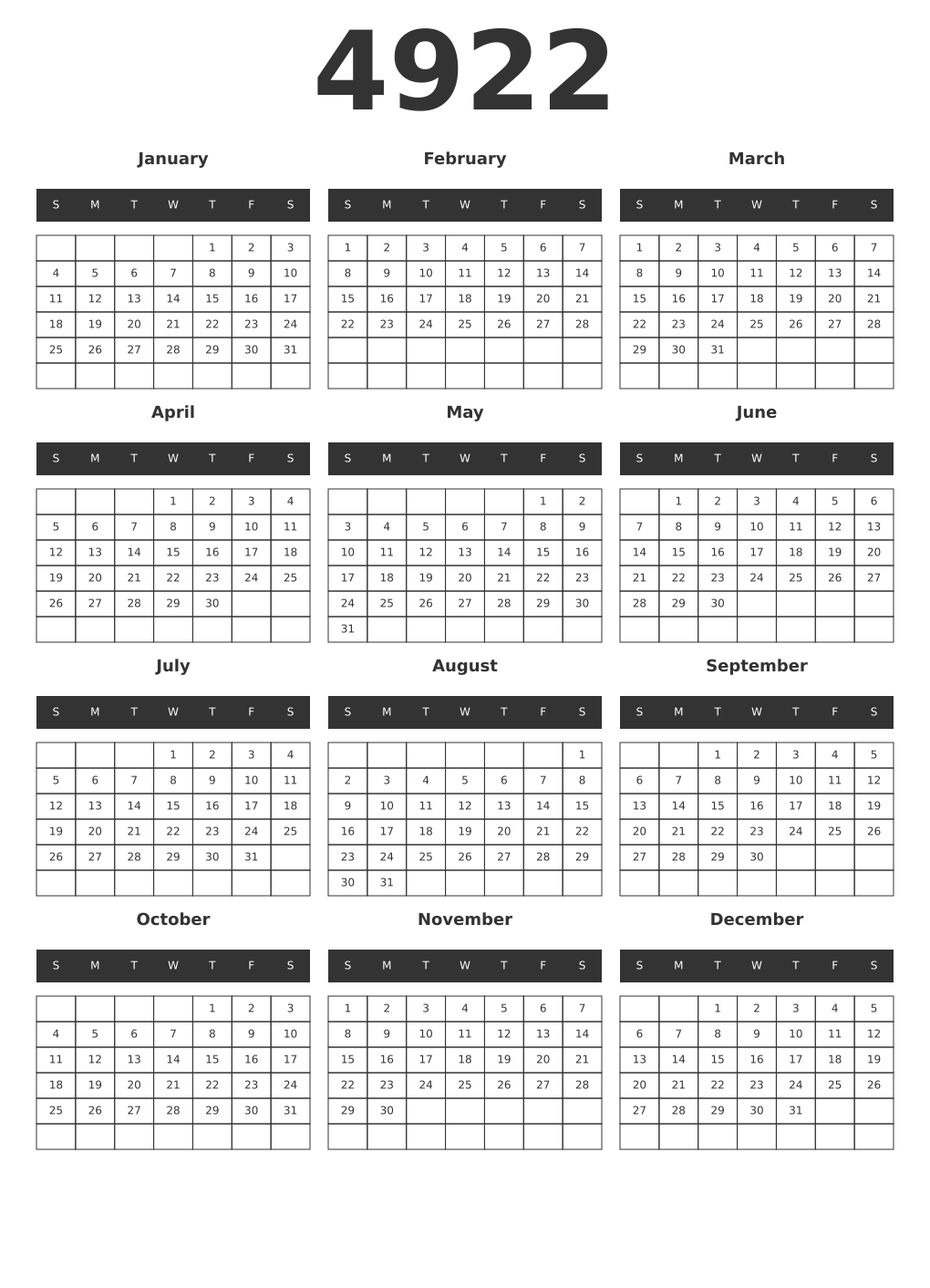 Printable 4922 Year Calendars dark