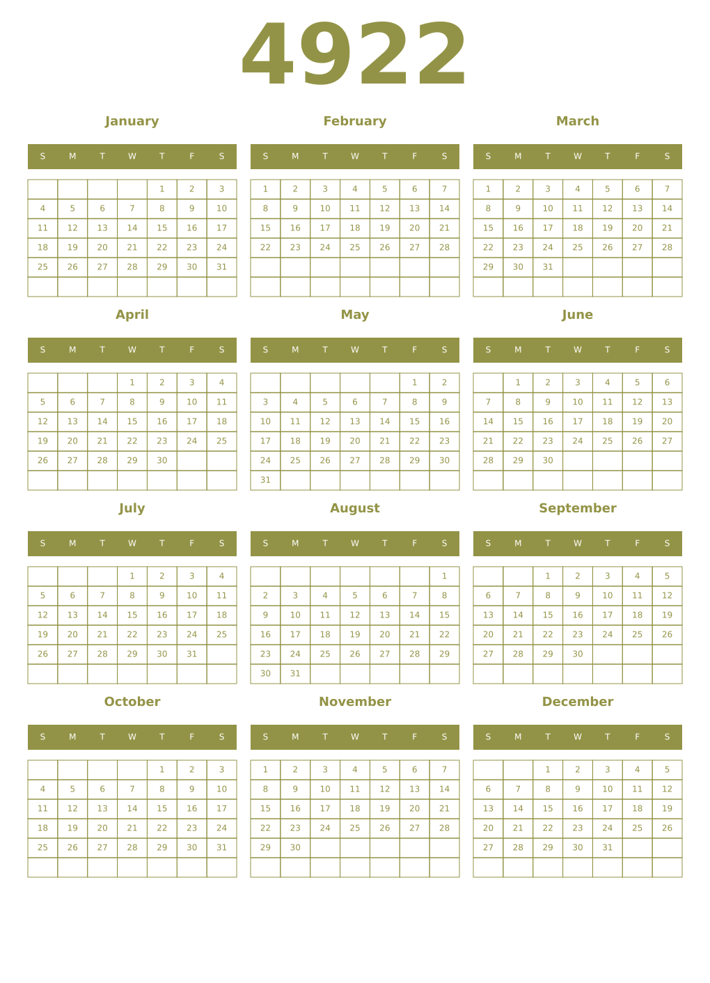 Printable 4922 Year Calendars eburnean