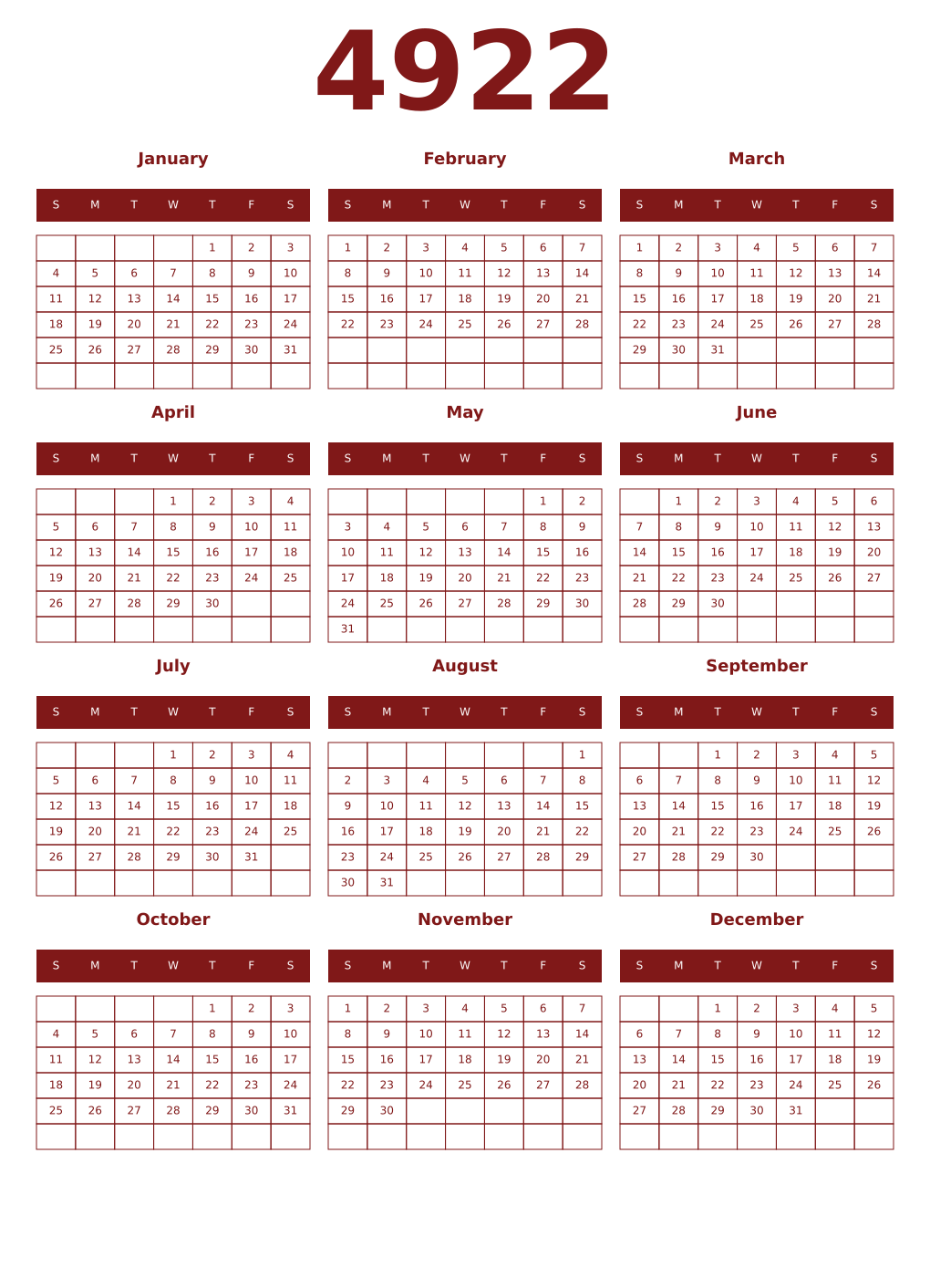 Printable 4922 Year Calendars falu