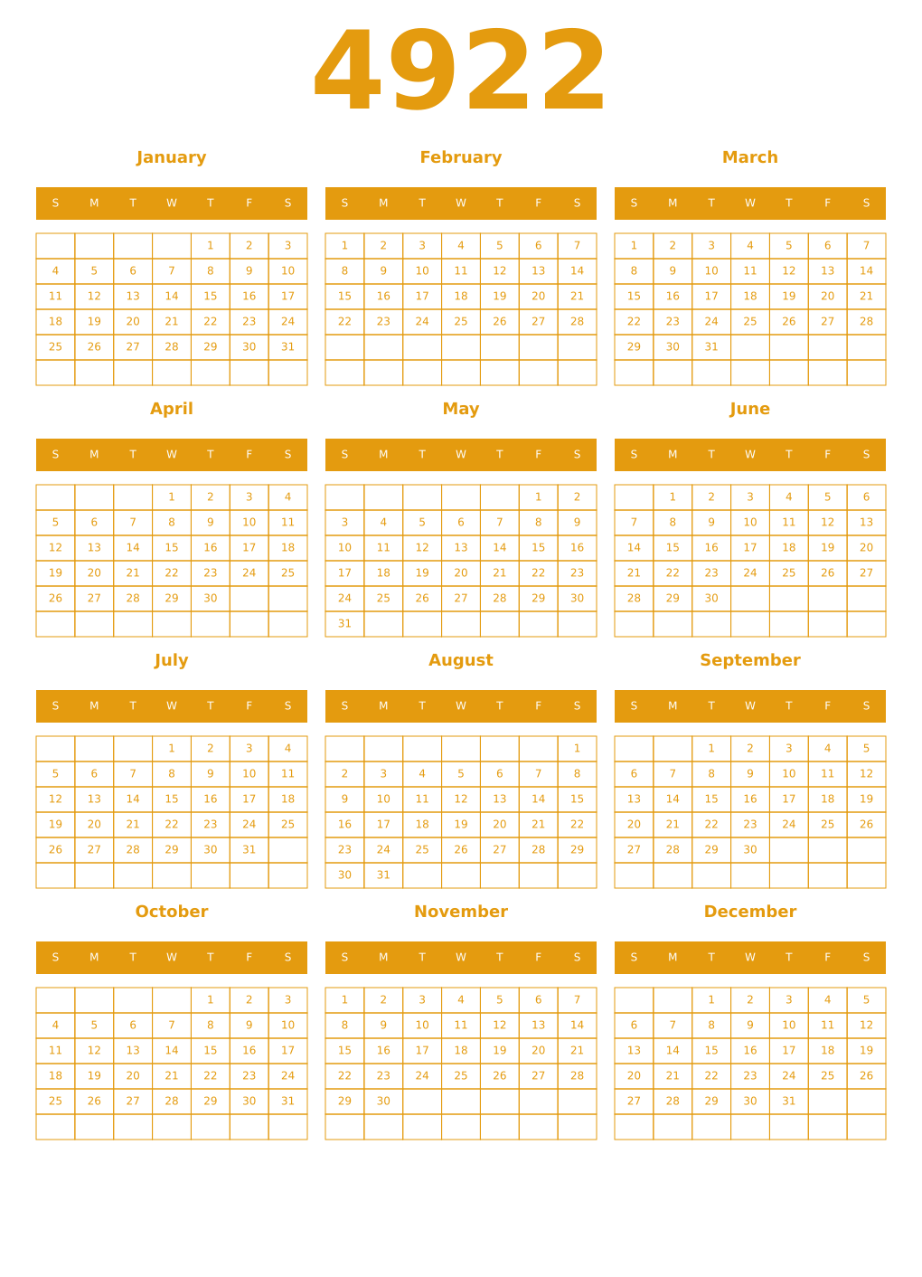 Printable 4922 Year Calendars gamboge