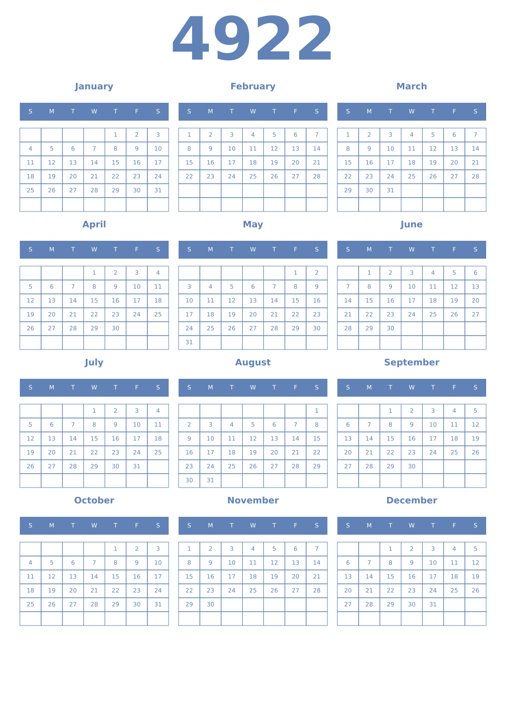 Printable 4922 Year Calendars glaucous