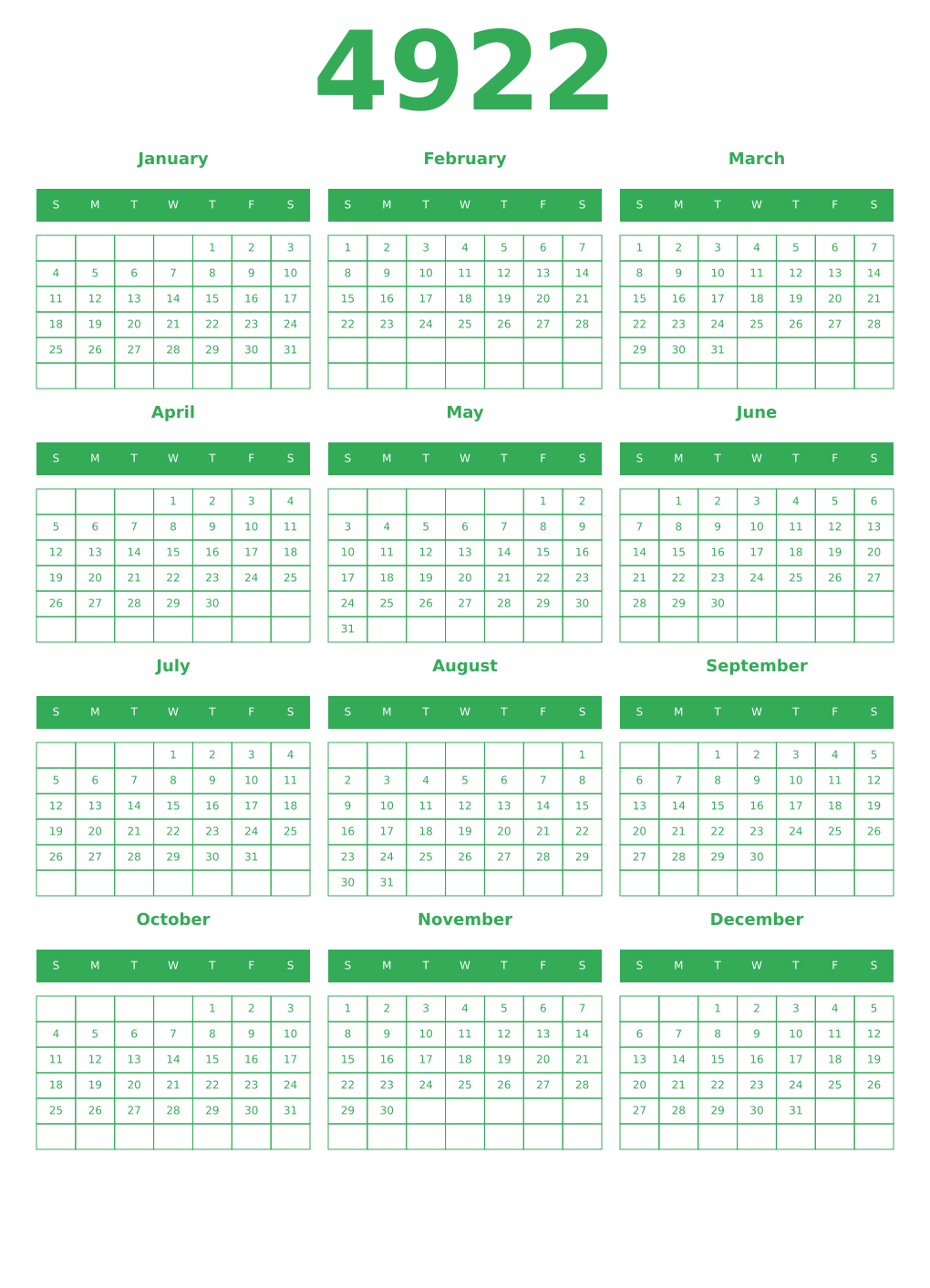 Printable 4922 Year Calendars green