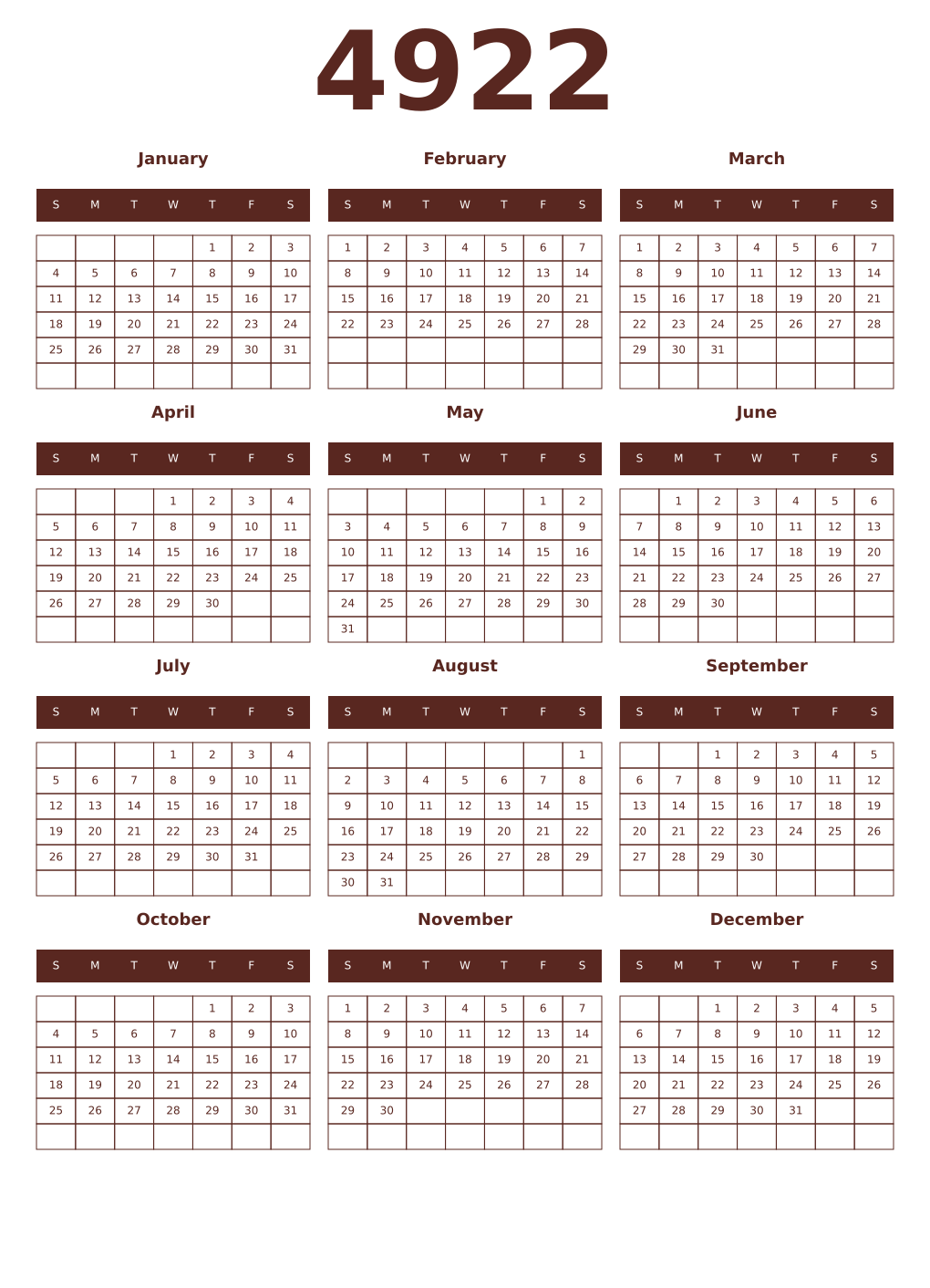 Printable 4922 Year Calendars mortuum