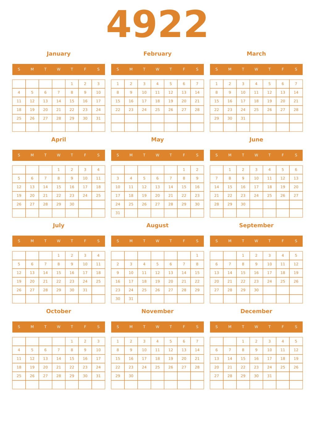 Printable 4922 Year Calendars orange