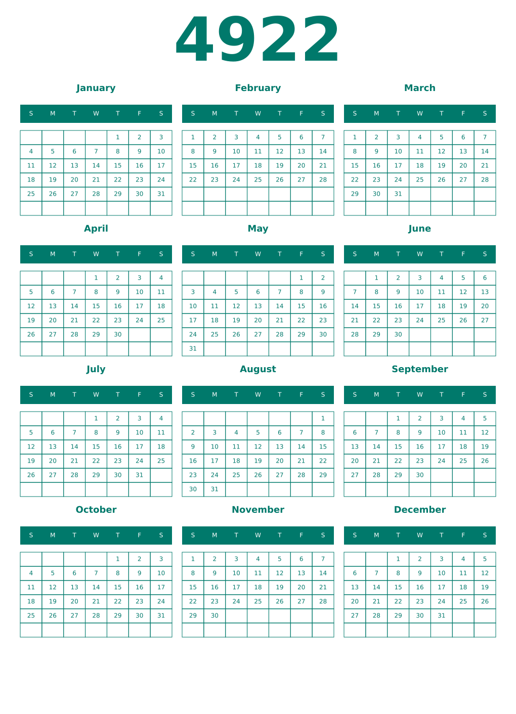 Printable 4922 Year Calendars pastel